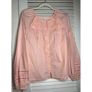 Wonderly Pink Cotton Pintuck Button Front Blouse XL Ladder Lace Long Sleeve Top